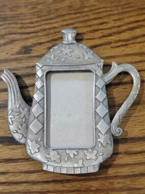 Vintage Mini Teapot Pewter Frame Embossed Floral Checkered Whimsical Victorian